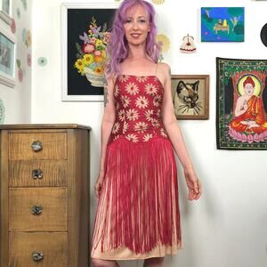 Vintage Fredericks of Hollywood Lace and Fringe Dress, 1970s-80s Disco Era XS-S